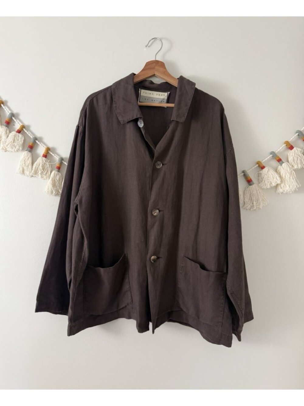VTG Think Tank Lat Naylor 100% Linen Oversized Brown Chore Jacket Coverall L